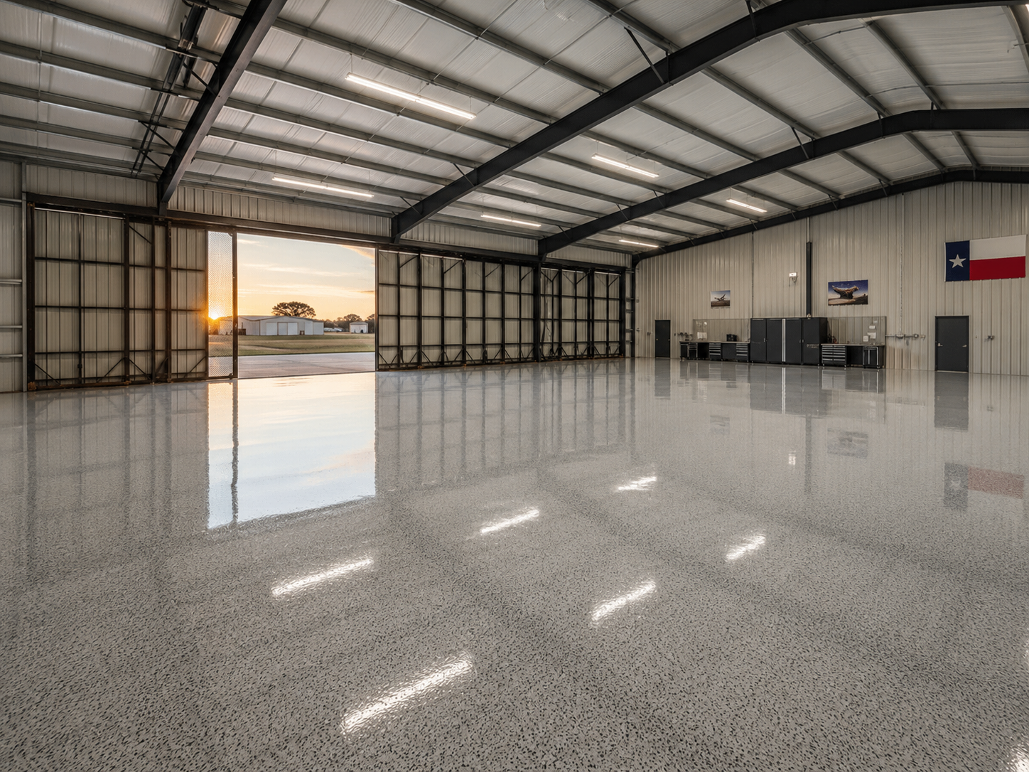 Airplane hangar epoxy floor coating, Texas