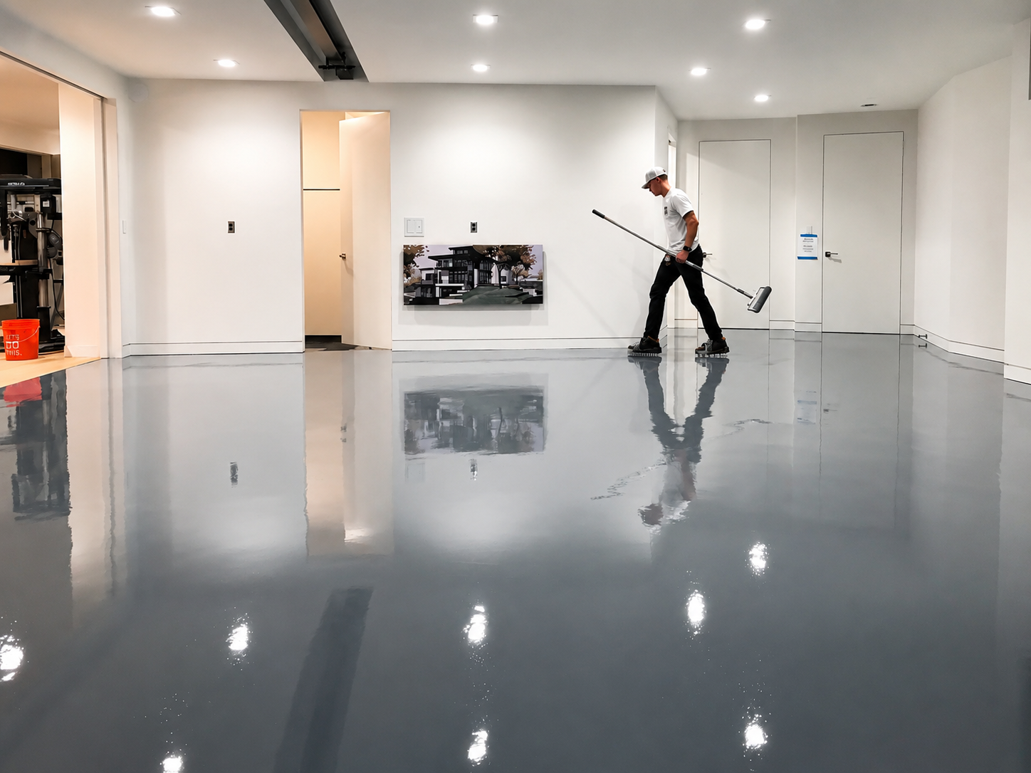 100% solids epoxy base coat application on concrete floor